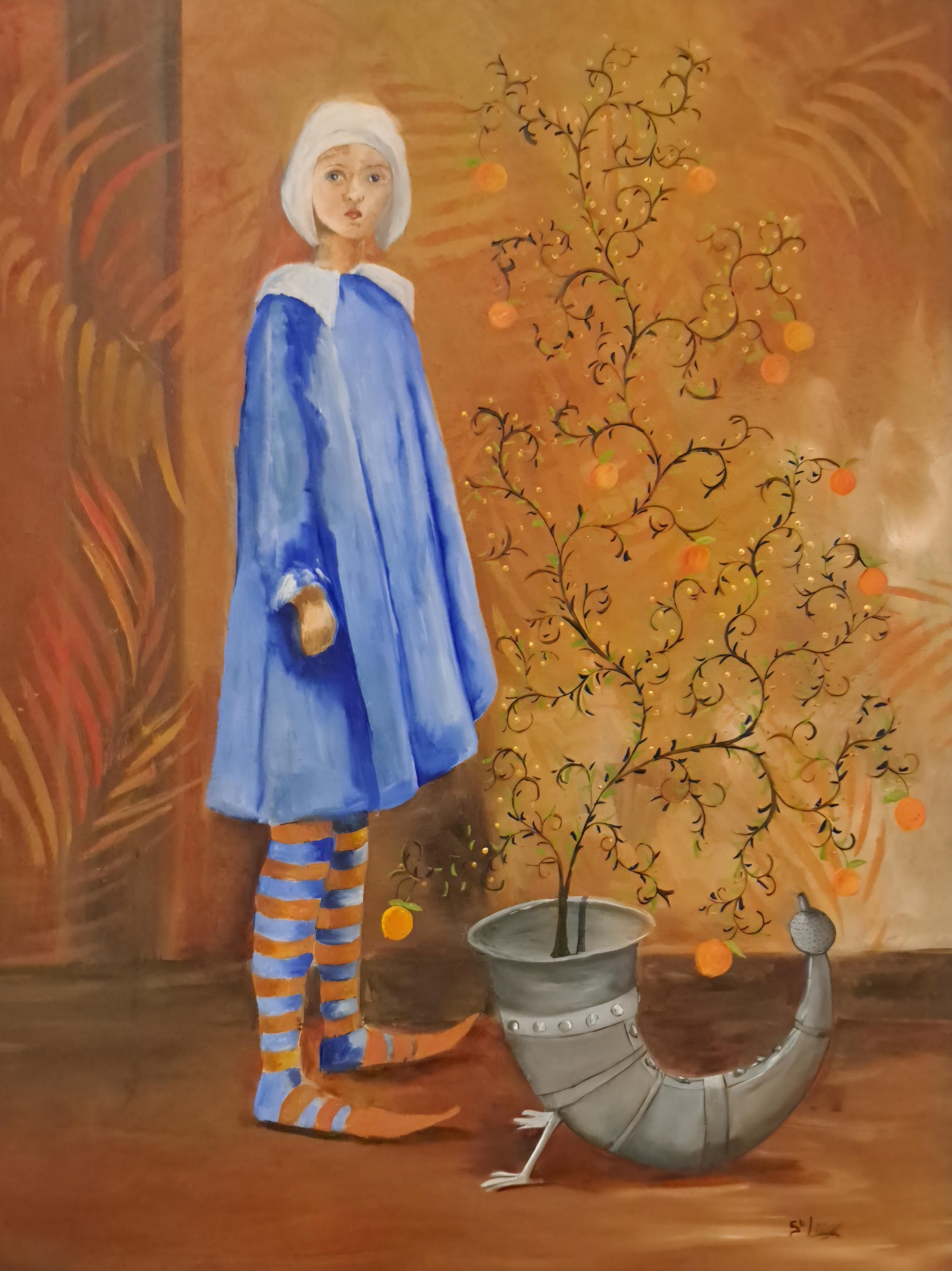 Girl an a Blue Dress and an Orange Tree
